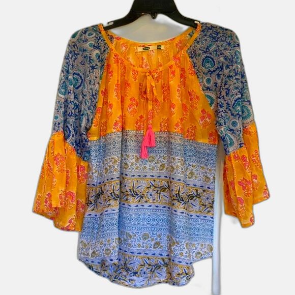 Dolma Women's Blouse S/M Indian Hand Block Print Top 100% Cotton Bell Sleeves - Picture 1 of 12